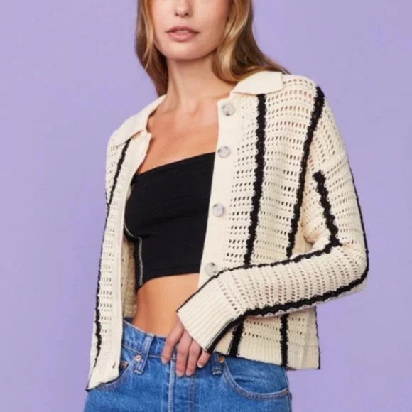 NWOT Monrow Vertical Stripe Cream Knit Crochet Cardigan - Picture 1 of 5